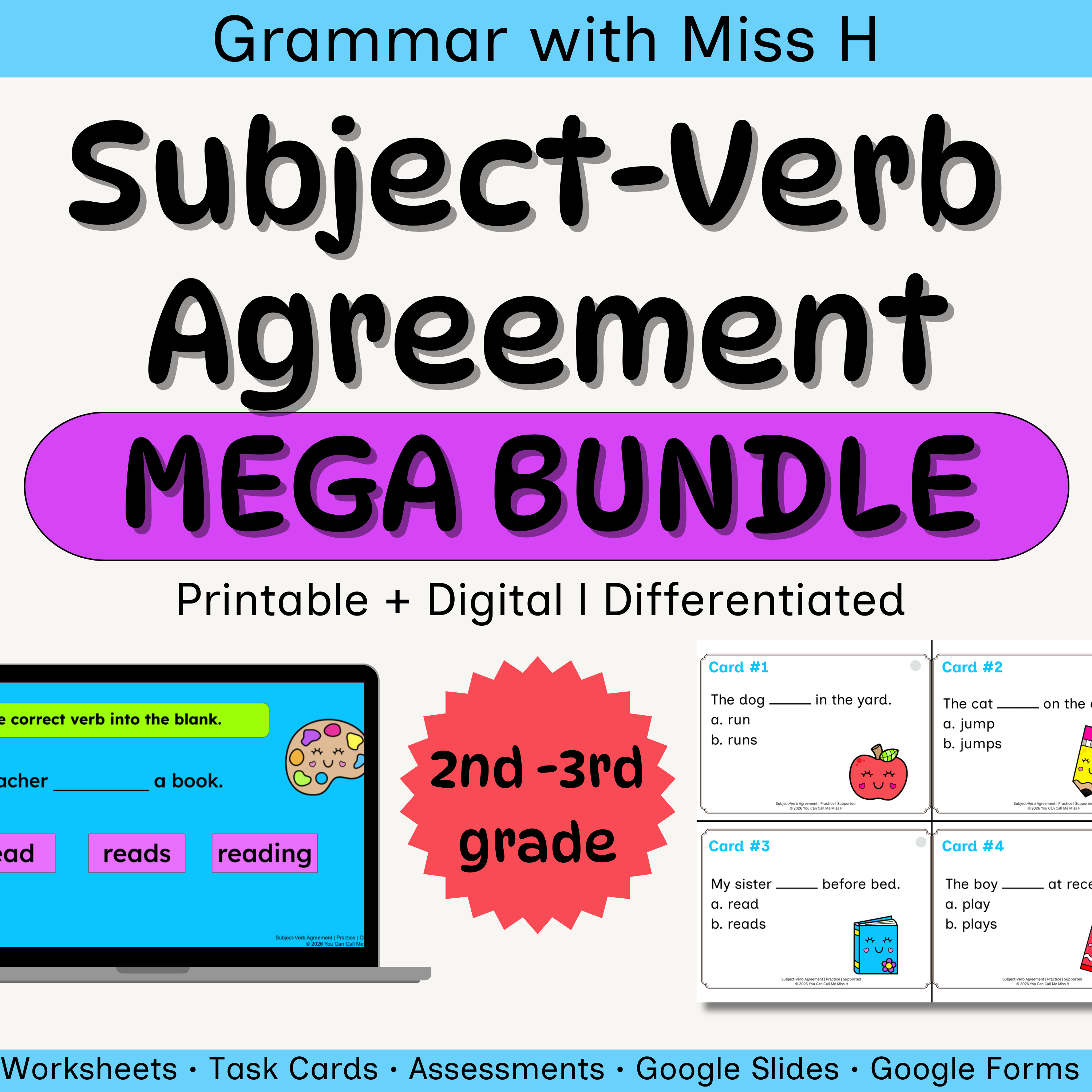 2nd–3rd Grade Grammar & Reading Comprehension Mega Bundle | Printable + Digital Literacy Activities | On-Level & Differentiated Support