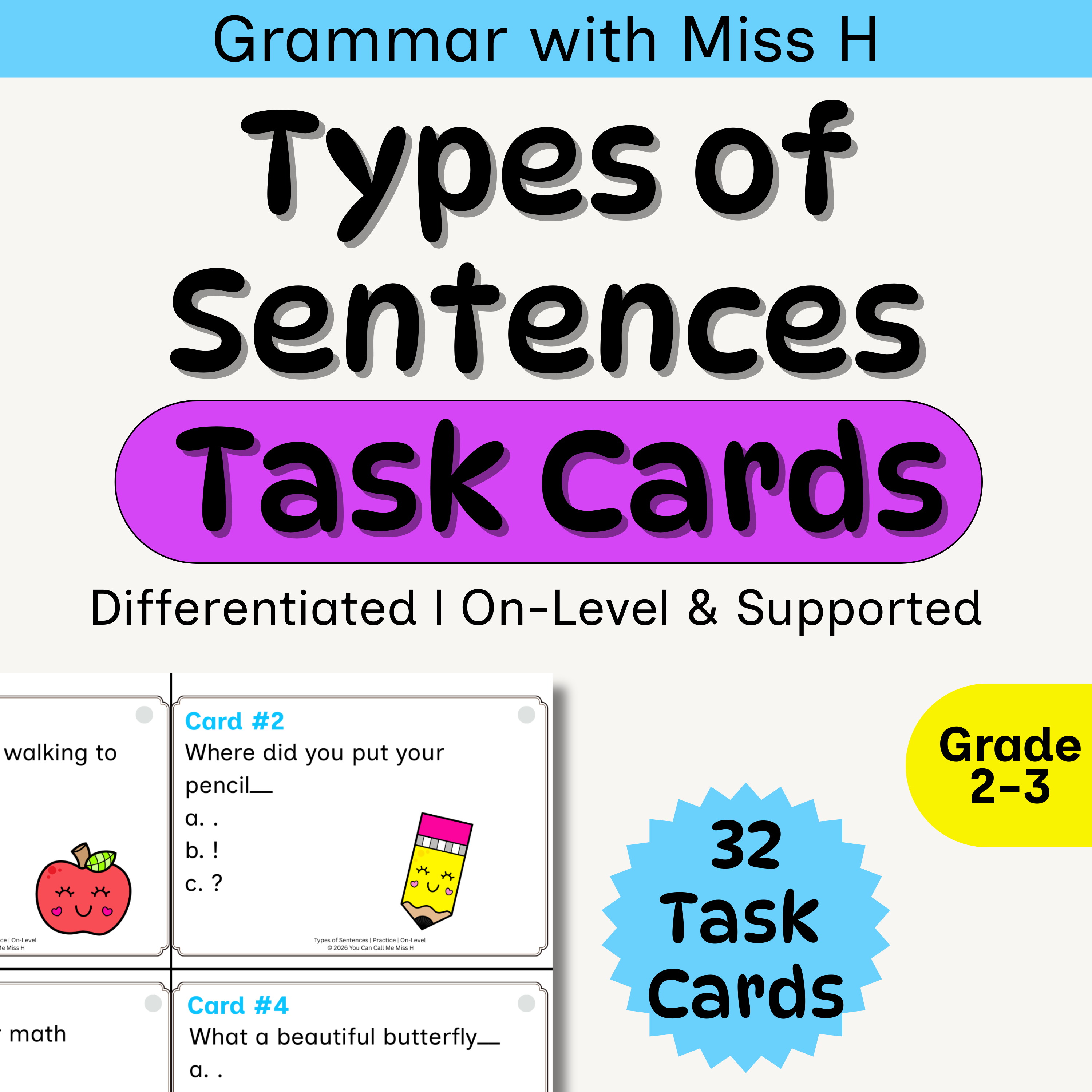 Types of Sentences Task Cards | 2nd & 3rd Grade Grammar Activities | Printable Sentence Types Practice