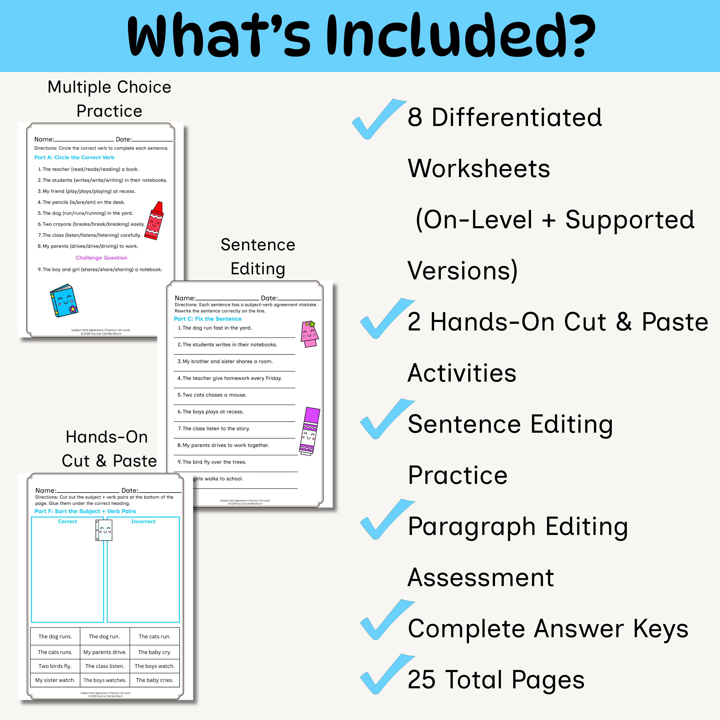 Subject-Verb Agreement Worksheets for 2nd & 3rd Grade | Grammar Practice Activities