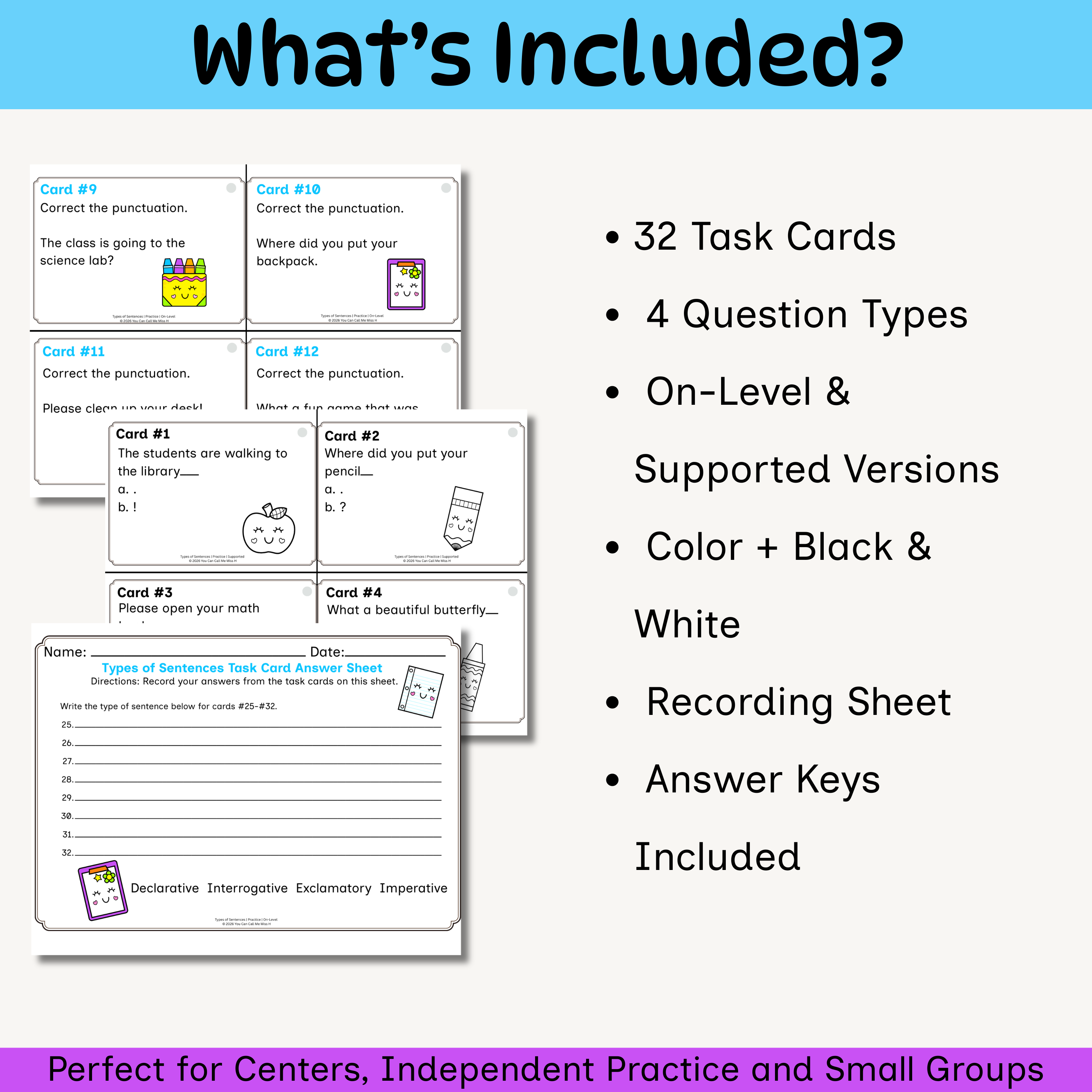 Types of Sentences Task Cards | 2nd & 3rd Grade Grammar Activities | Printable Sentence Types Practice