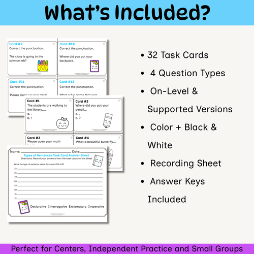Types of Sentences Task Cards | 2nd & 3rd Grade Grammar Activities | Printable Sentence Types Practice