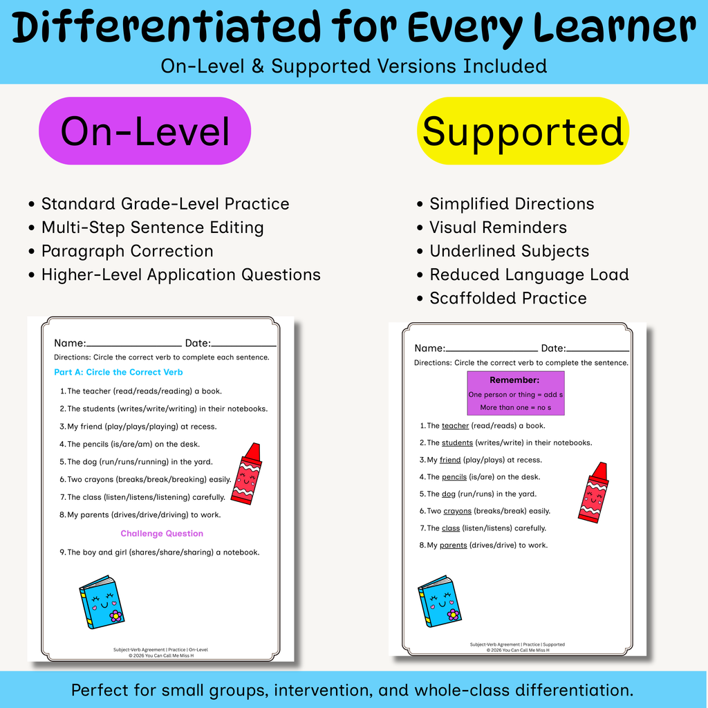 Subject-Verb Agreement Worksheets for 2nd & 3rd Grade | Grammar Practice Activities